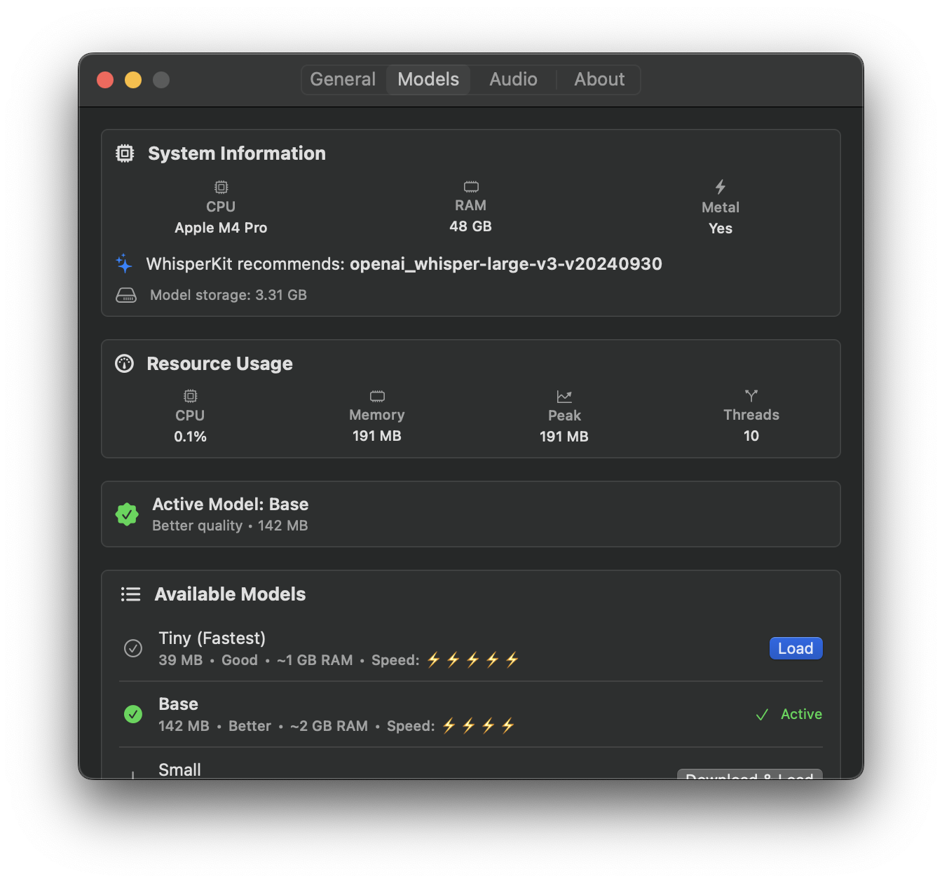 VocaMac Settings Models tab showing model management and system information